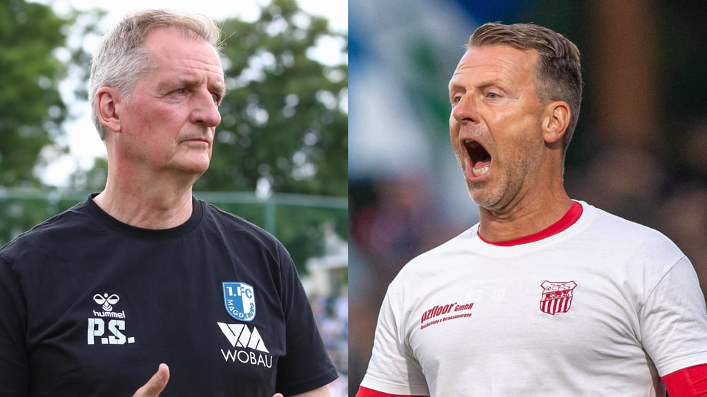 Petrik Sander, Trainer vom 1. FC Magdeburg II, und Rico Schmitt, Coach vom FSV Zwickau.