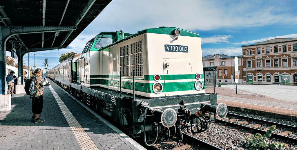 Einfahrt im Bahnhof Staßfurt. Diese Diesellok des Fördervereins „Berlin-Anhaltische-Eisenbahn" zog den Salzland-Express bis Sangerhausen.