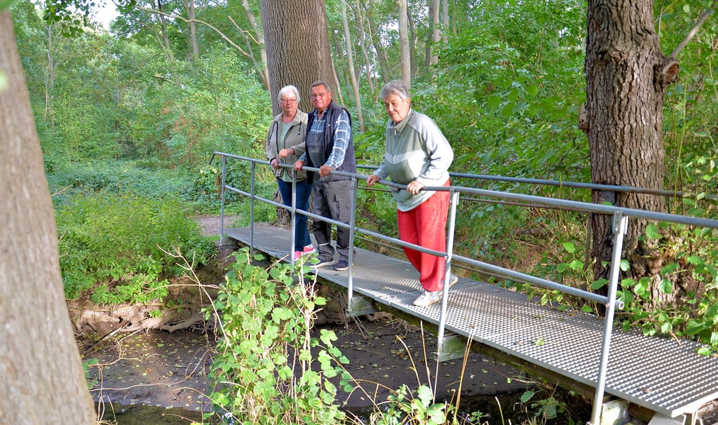 Warum soll sie denn auf einmal weg? Das fragen sich diese drei Einwohner und kämpfen um „ihre“ Brücke über die Mühlenwipper. Das als ABM-Projekt geschaffene Bauwerk ist Teil eines idyllischen Rundwegs um Warmsdorf.