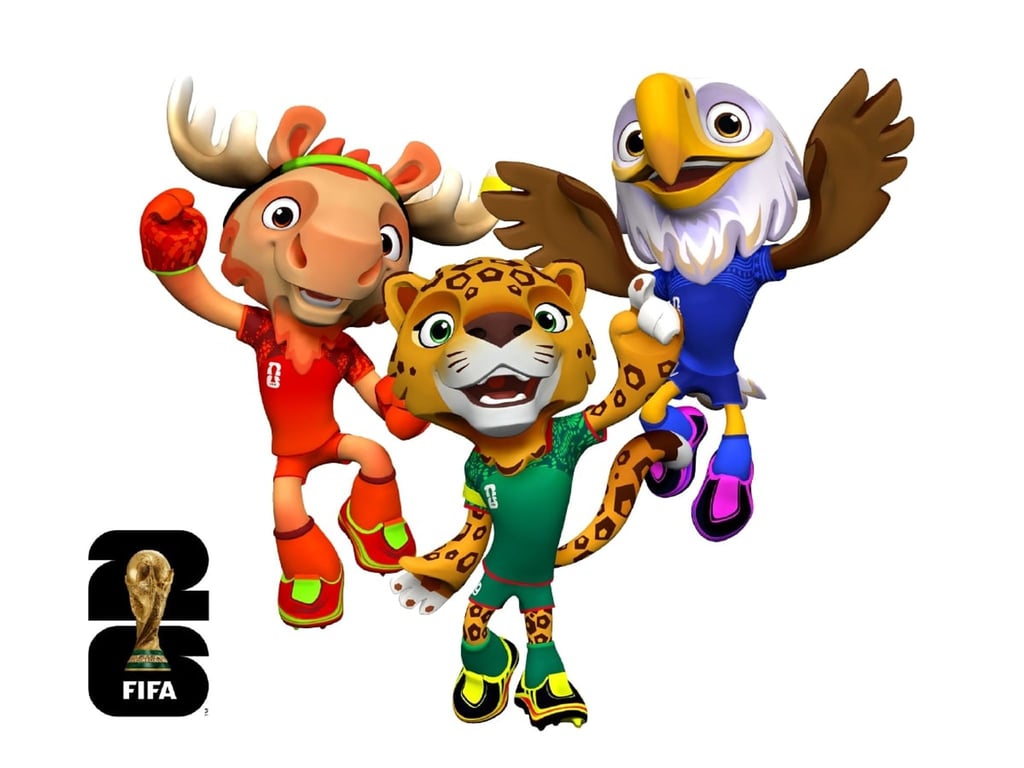 Maple der Elch (l), Zayu der Jaguar (M) und Clutch der Weißkopfseeadler (l) sind die Maskottchen der Fußball-WM 2026.