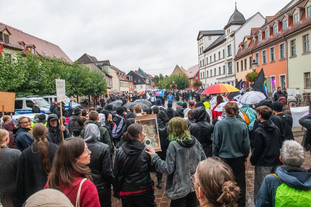 Naumburg am frühen Freitagabend: die AfD-Kundgebung auf dem Holzmarkt, die Gegendemo zeitgleich auf dem Boulevard.