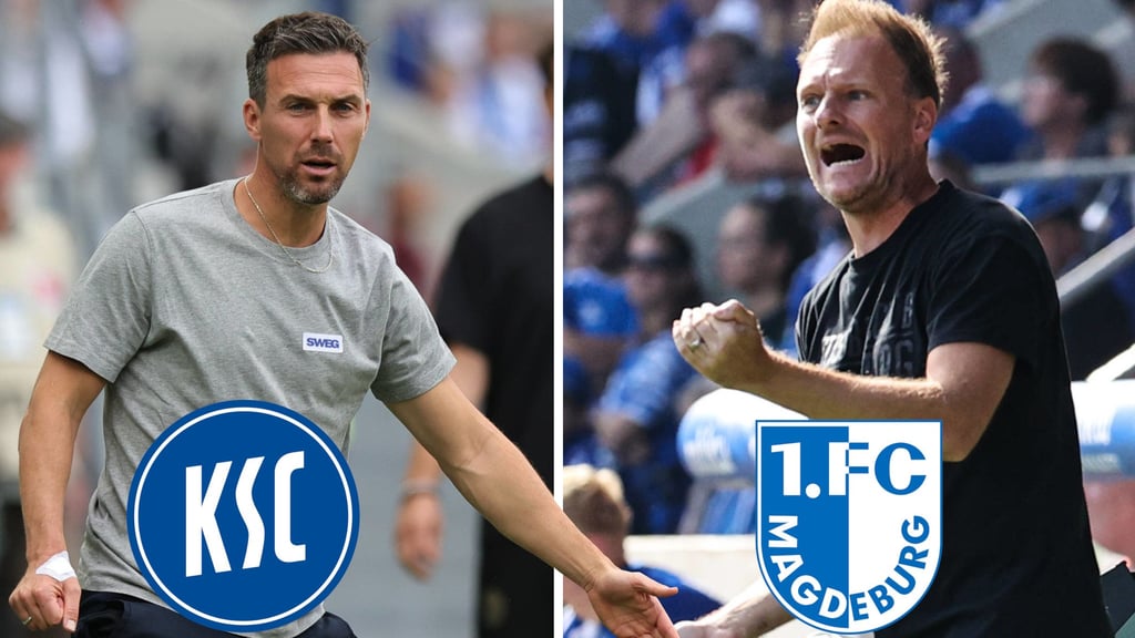Christian Eichner (Trainer Karlsruher SC, li.) und Markus Fiedler (Trainer 1. FC Magdeburg).