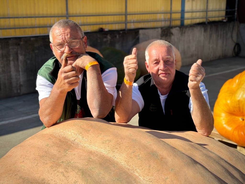 Michael Schade und Bernd Paul aus Beelitz sind die Sieger der diesjährigen Kürbis-Wiegemeisterschaft in Brandenburg und knackten mit ihrem orangefarbenen Riesen die 1.000-Kilo-Marke.
