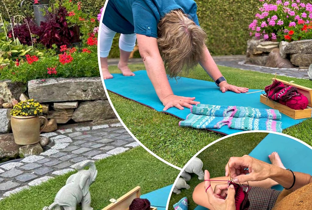 In Kusey soll die erste „StrickYogaWerkstatt“ stattfinden. Nach der Yogastunde klappern die Stricknadeln, wobei originelle Dinge entstehen.