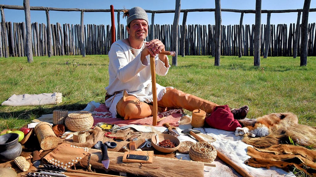 Matthias legte drei Jahre lang als Grabungshelfer im Ringheiligtum die Spuren unserer Vorfahren frei. Jetzt präsentierte er sein Hobby: selbstgefertigte Gebrauchsgegenstände wie Bronzebeil oder Flechtkorb.