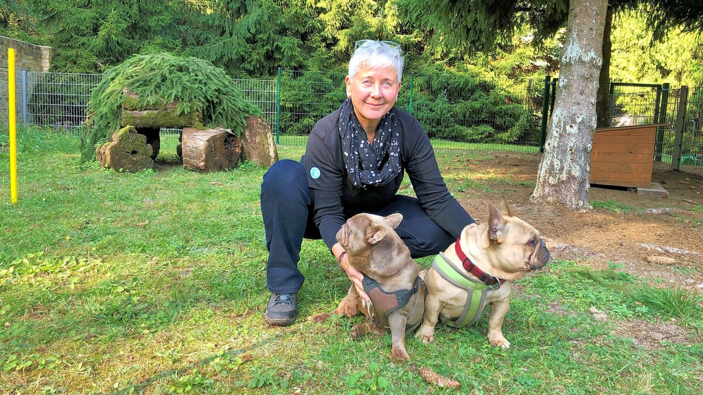 Tierheimleiterin Catrin Rhode mit zwei der französischen Bulldoggen, die dem Halter aus dem Raum Coswig entzogen worden sind.