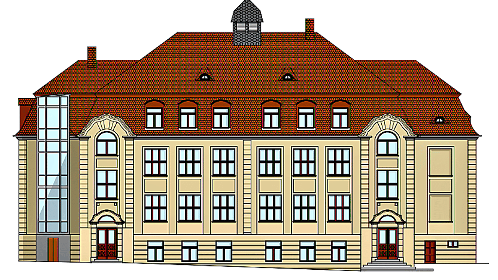 Dieser Entwurf zeigt die Nordansicht der Schule. Links ist der geplante Aufzug zu sehen, der am Gebäude angebracht werden soll.