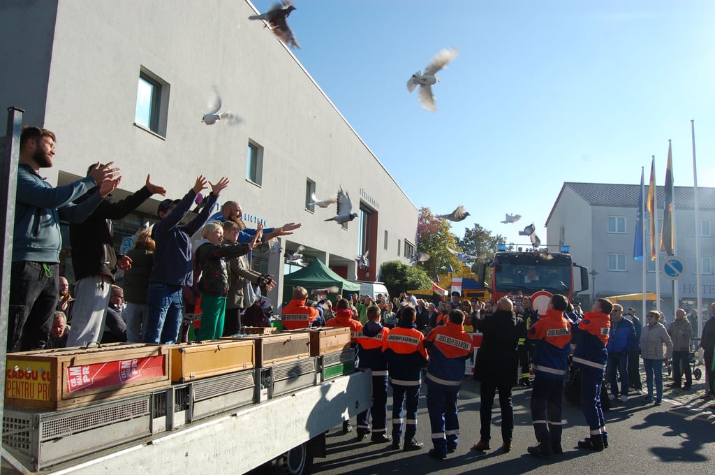 Zur Eröffnung des Festes lassen die Brieftaubenzüchter vor dem Bürgerhaus Tauben steigen.