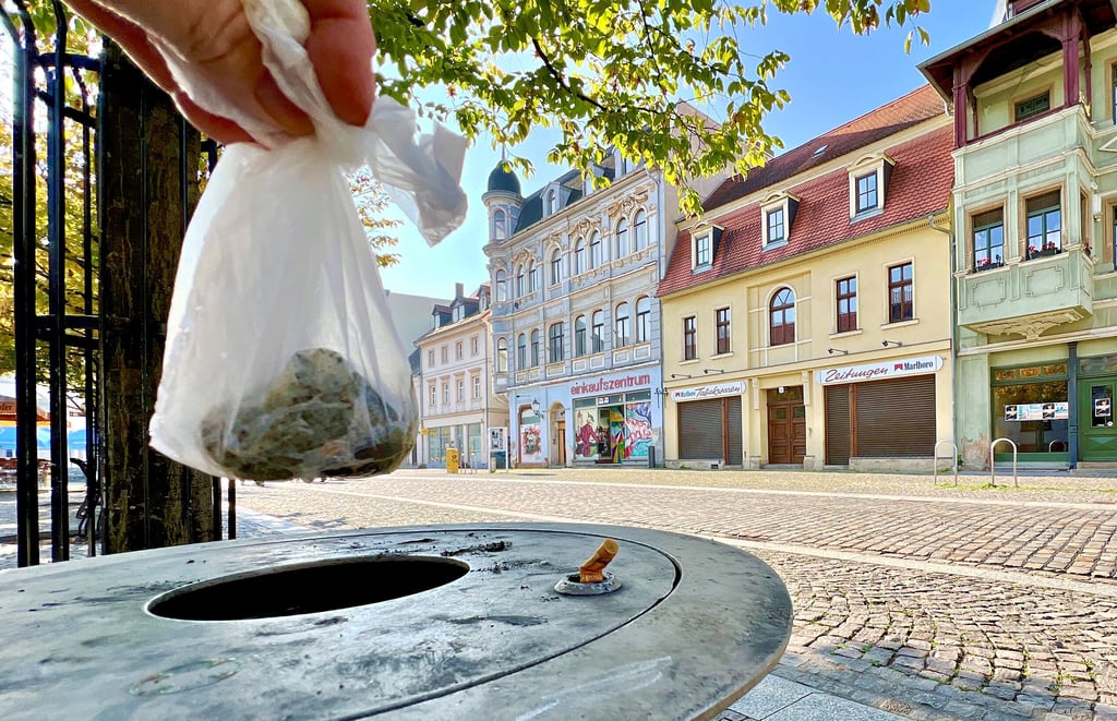 Die Entsorgung von Hundekottüten ist in Bernburg – wie hier auf dem Markt – in hunderten Mülleimern möglich.