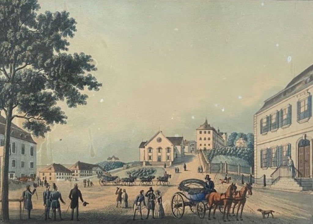 Eine historische Ansicht des Schlossensembles in Ballenstedt von Carl Harding, wie es auch Friedrich Hoffmann gesehen haben dürfte.