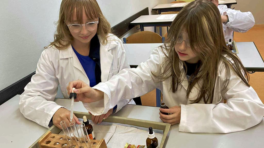 Tamara (links) und Sophia wollen beim Tag der offenen Tür an der Seelandschule herausfinden, ob Gummibären sauer oder basisch sind.