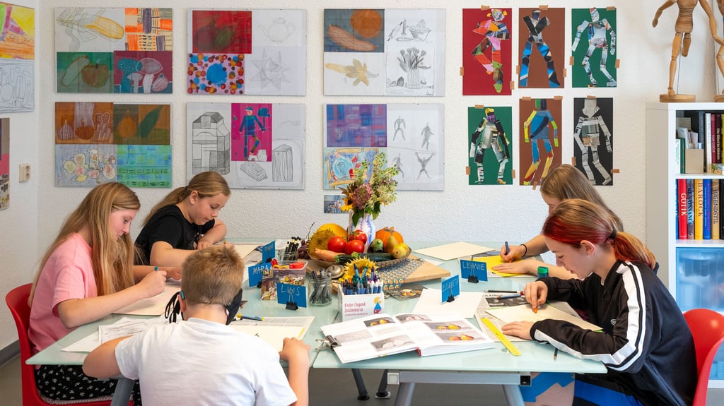 Pauline, Mara, Luis, Elisabeth und Leonie beim kreativen Umsetzen eines Herbstthemas.