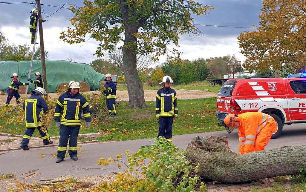 Akener Feuerwehrleute räumen 2021 einen Baum von der Straße. Nach einem ähnlichen Einsatz im Juni 2025 erschienen Kameraden im Stadtrat.