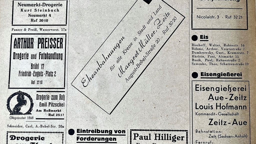 Auszug aus dem Adressbuch der Stadt Zeitz 1947/48, das Matthias Jonack dankenswerter Weise zur Verfügung stellte: Hier erfährt man, dass es in der August-Bebel-Straße 20 auch eine Eheanbahnung gab.