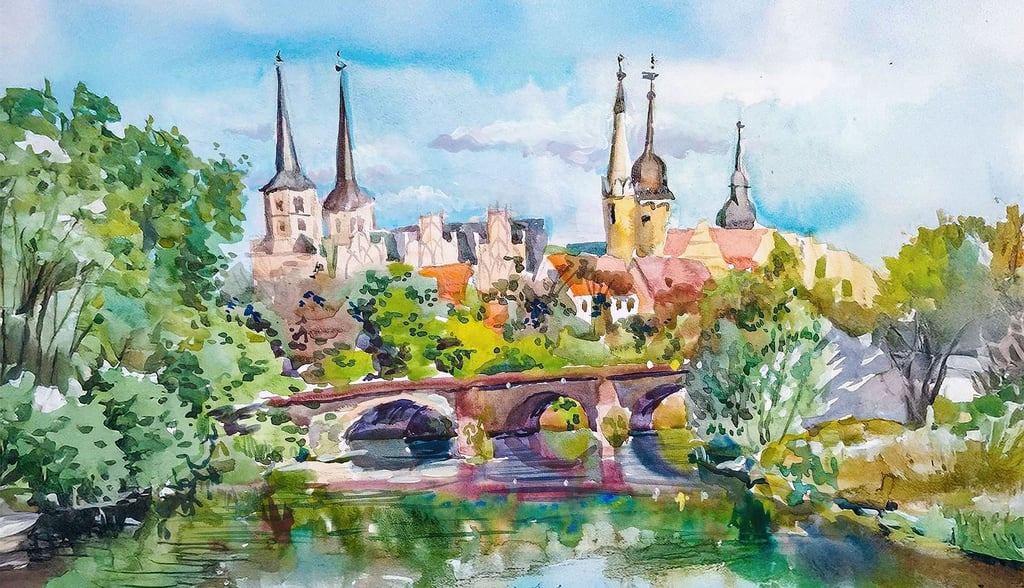 Farbenfrohe Domstadt: Maryna Cherepchenkos Blick auf Merseburg ziert den neuen Merseburg-Kalender 2026 von Merco.