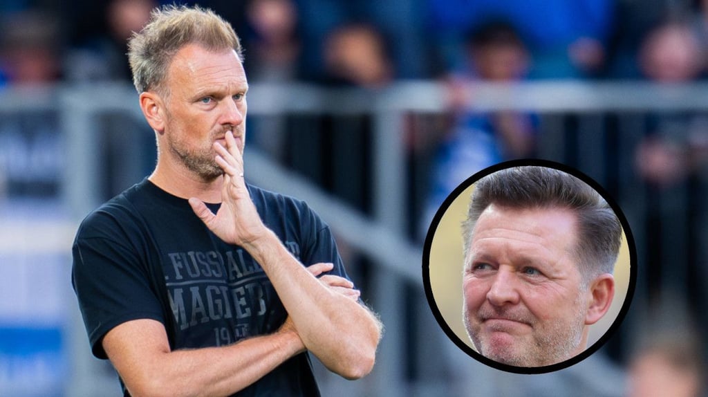 Christian Titz (klein), Ex-Trainer vom 1. FC Magdeburg, blickt auf die Entlassung seines Nachfolgers Markus Fiedler mit Sorge.