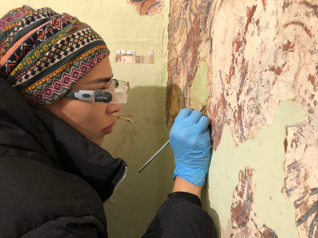 Die Studenten unterstützen dabei, im Adelshof in Quedlinburg eine Wandmalerei aus dem 16. Jahrhundert freizulegen.