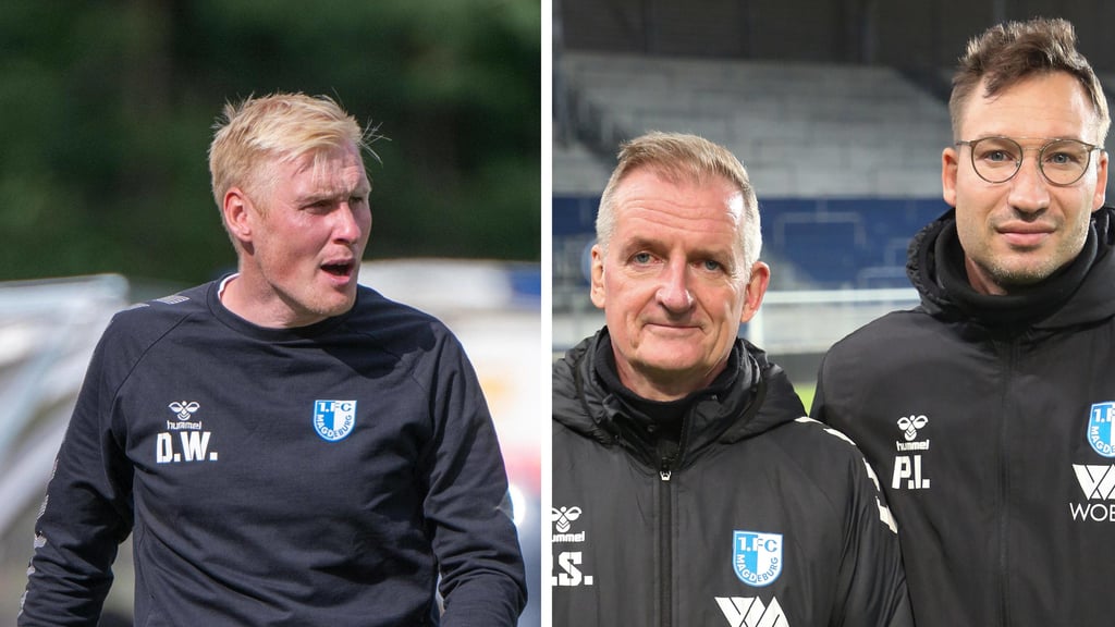 Daniel Wölfel, bisher U19-Trainer beim 1. FC Magdeburg, übernimmt die FCM-Reservemannschaft von Petrik Sander und Pascal Ibold (v.l.) – die wiederum interimsweise bei den Profis eingesetzt werden.