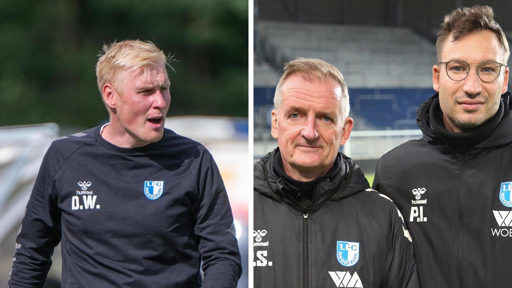 Daniel Wölfel, bisher U19-Trainer beim 1. FC Magdeburg, übernimmt die FCM-Reservemannschaft von Petrik Sander und Pascal Ibold (v.l.) – die wiederum interimsweise bei den Profis eingesetzt werden.