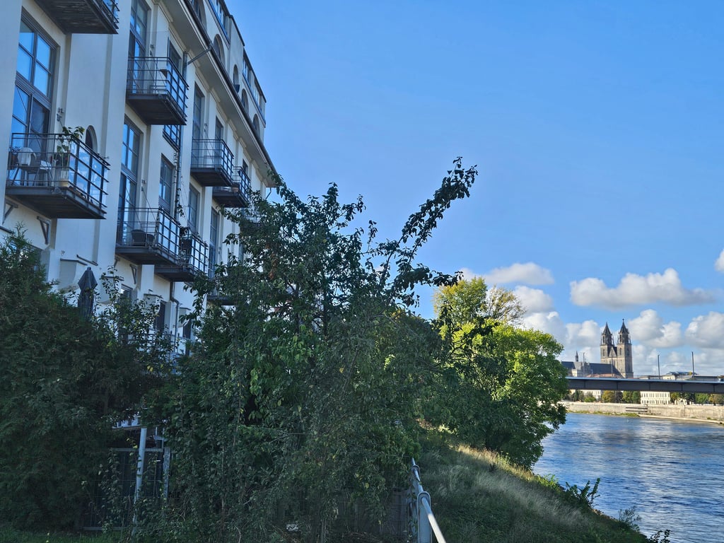 Ein Planungsziel aus dem Kleinen Werder in Magdeburg war die Neunutzung der alten Speichergebäude (links im Bild). Zumindest das ist gelungen.
