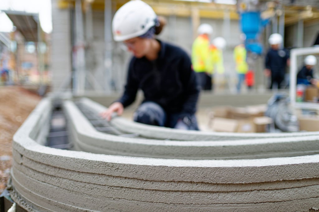 Beim 3D-Gebäudedruck trägt ein Portaldrucker den Beton in Streifen auf – dadurch entstehen die Wände mit einer Rillenoptik.
