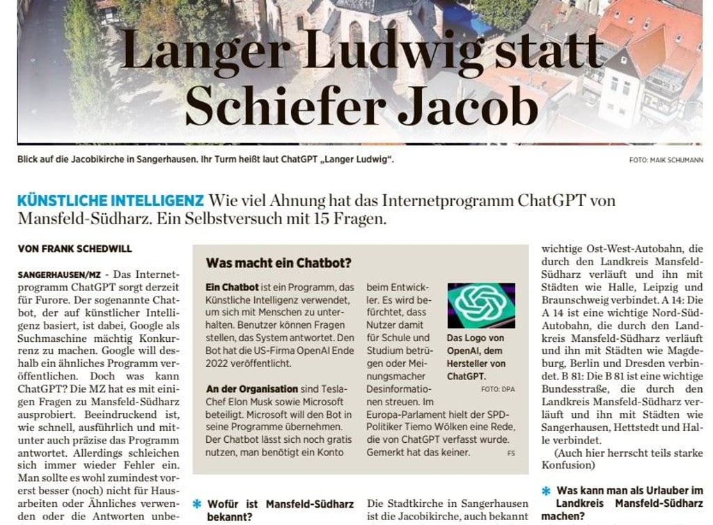 Vorurteile, Stereotype – und falsche Angaben: Als die MZ 2023 ChatGPT erstmals nach Wissen über den Landkreis Mansfeld-Südharz fragte, machte das Programm aus dem im Volksmund „Schiefer Jacob“ genannten Turm der Sangerhäuser Jacobikirche den „Langen Ludwig“.