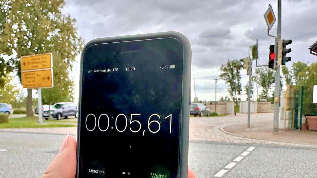 In 5,61 Sekunden sollte man in Elster über die Straße kommen, denn dann springt die Fußgängerampel wieder auf Rot.