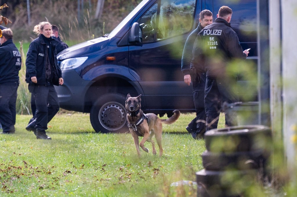 Leichenspürhund durchsuchen das Grundstück.