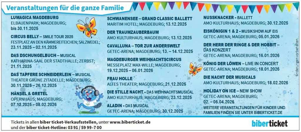 Tickets zu diesen Veranstaltungen für Familien bekommt ihr bei BiberTicket.