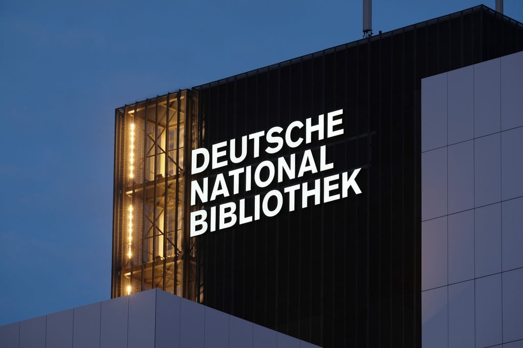 Der Schriftzug "Deutsche Nationalbibliothek" (DNB) leuchtet an einem 55 Meter hohen Gebäude der früheren Deutschen Bücherei. (Archivbild)