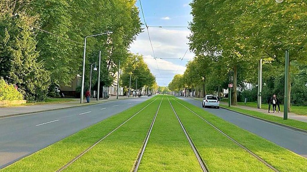 Fotomontage zeigt: So könnten die begrünten Gleisbetten in der Franzstraße aussehen.