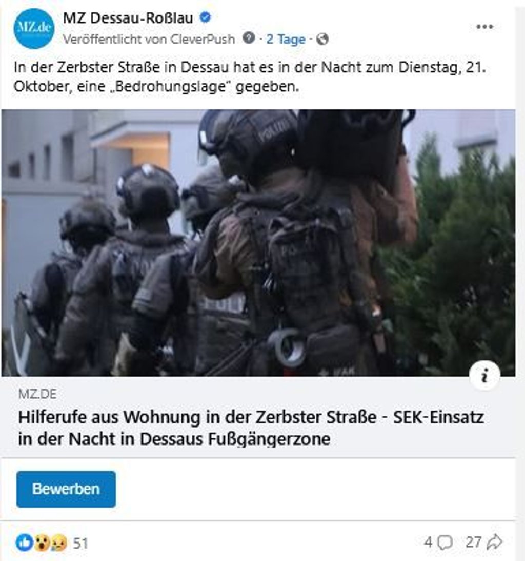 Der Facebook-Post zum SEK-Einsatz in Dessau erreichte 14.300 Personen.