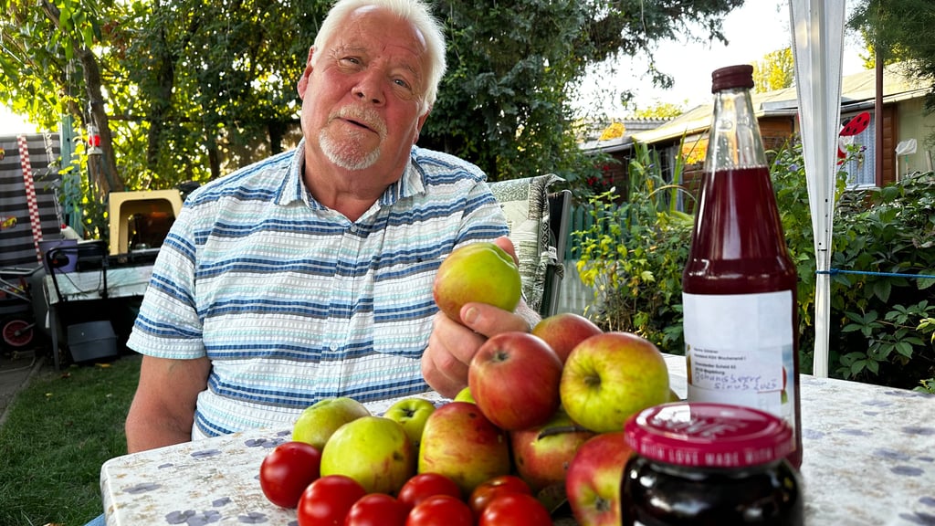 Äpfel und Tomaten hat der Magdeburger Kleingärtner Herms Göldner frisch geerntet. Aus Kirschen hat er Marmelade gemacht, aus Johannisbeeren Sirup.