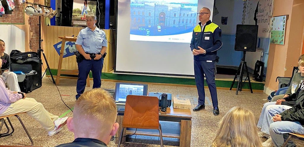 Thomas Bernack von der Deutschen Bahn und Bundespolizistin Katrin Beiersdorfer während der Präventionsveranstaltung im Future.