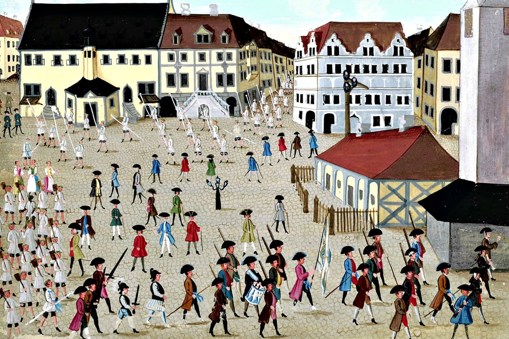 Das Bild aus dem  Stammbuch. Es zeigt den Markt um 1748 mit Studenten und Halloren.