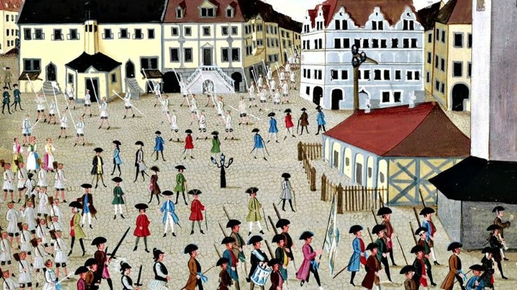 Das Bild aus dem Stammbuch. Es zeigt den Markt um 1748 mit Studenten und Halloren.