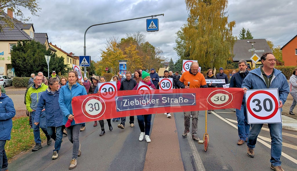 Rund 40 Menschen haben am Samstag auf der Ziebigker Straße für Tempo 30 demonstriert.
