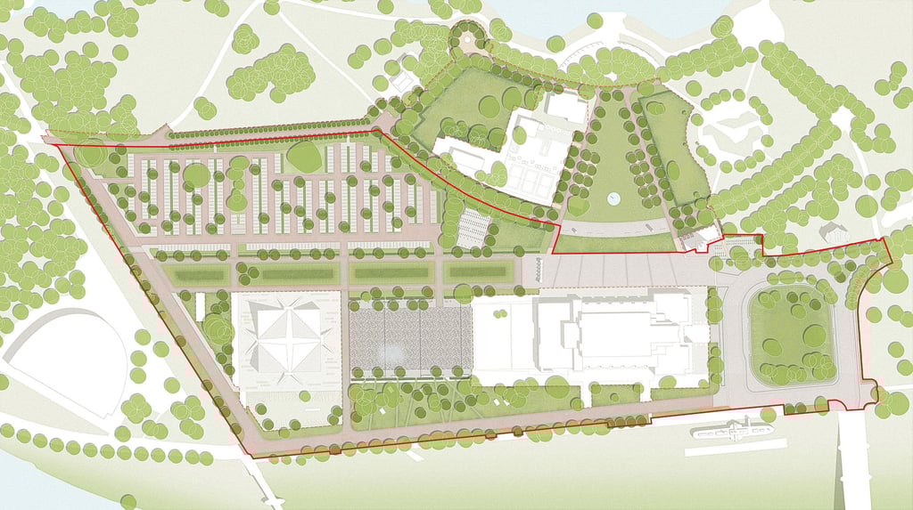 Visualisierung der Umfeldgestaltung rund um die Stadthalle und Hyparschale in Magdeburg. Die rote Linie markiert den geplanten Bereich.