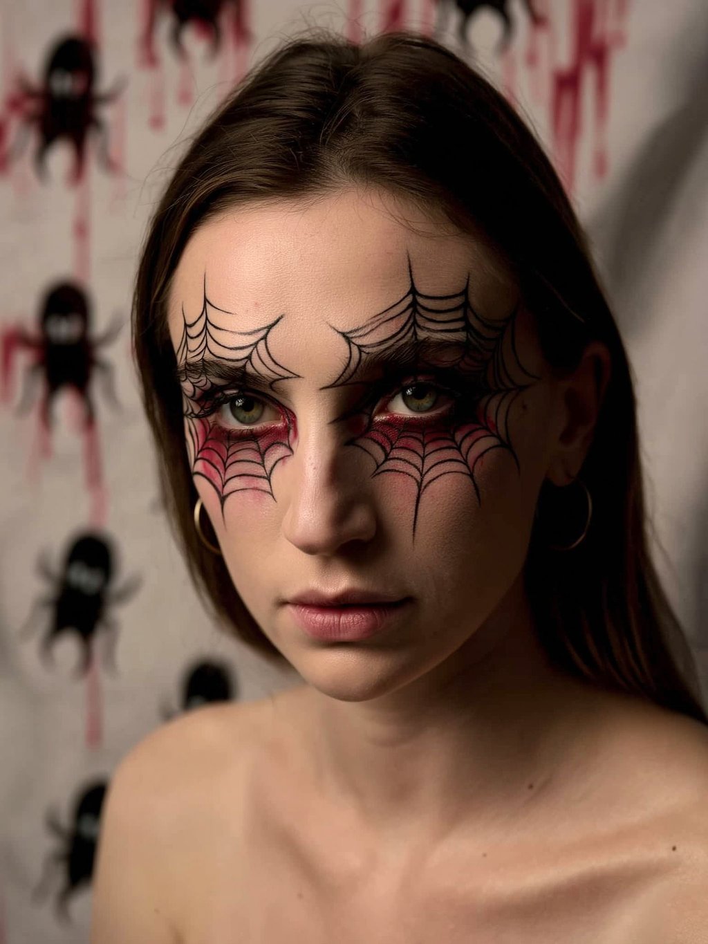 Mit einem schwarzen Eyeliner werden dünne Linien rund um die Augen gezogen, sodass ein Spinnennetz entsteht.