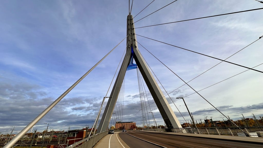 Klimaprotest? Silbersalz-Aktion? Ein riesiges blaues Netz am Pylon der Berliner Brücke sorgt derzeit für Rätselraten.