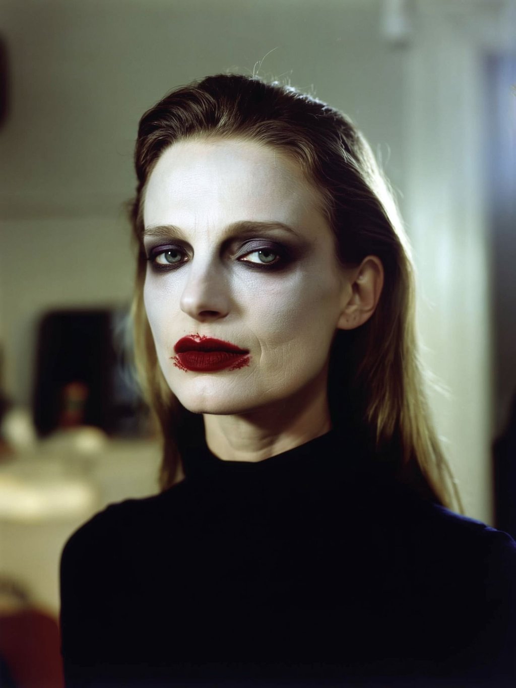 Helle Foundation, verschiedene dunkle Lidschatten, schwarzer Eyeliner und roter Lippenstift - fertig ist der Vampir-Look.