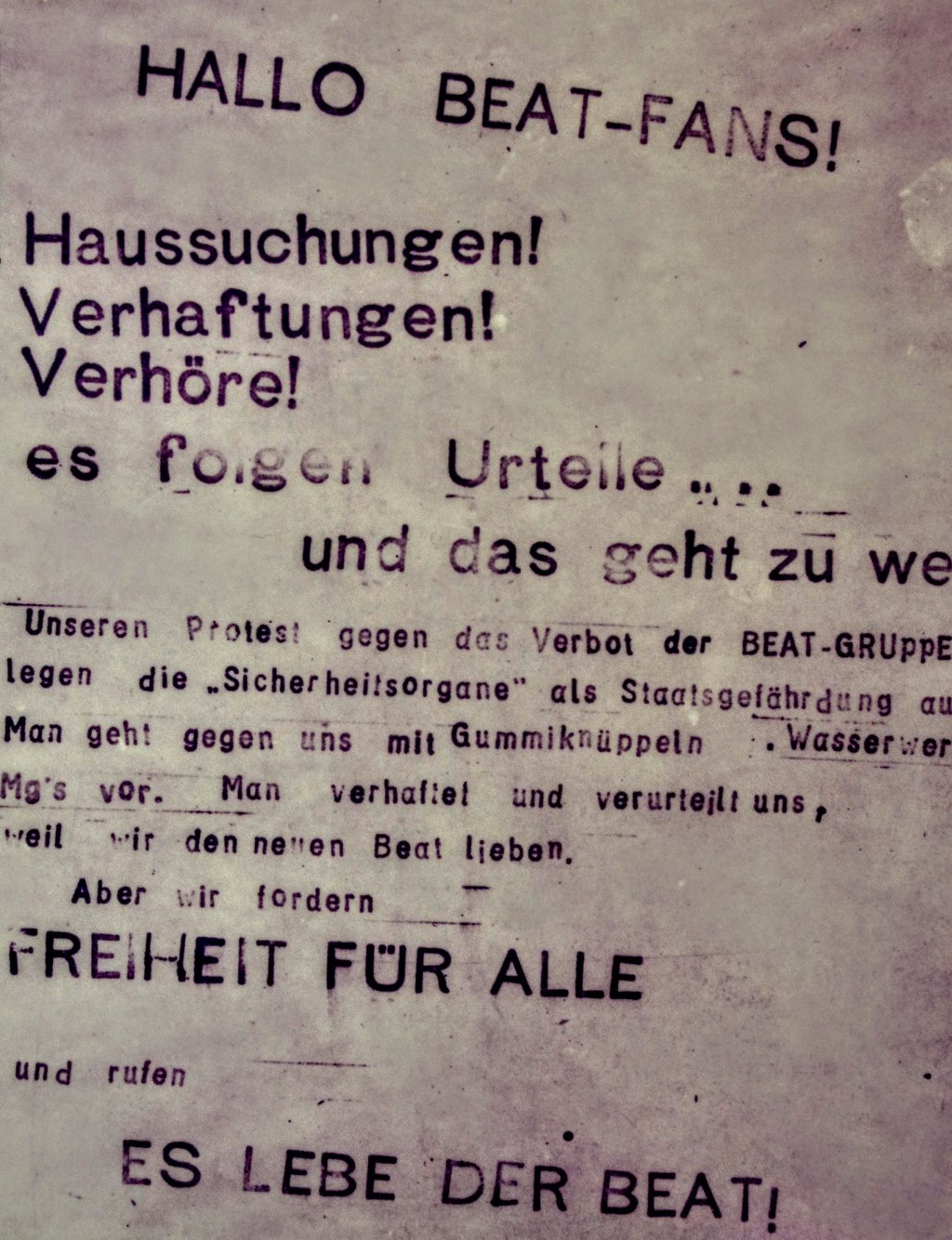 Der Aufruf zur Protestdemonstration, aus der der Beat-Aufstand  wurde.