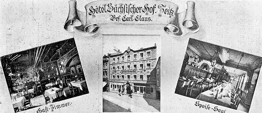 Diese Karte zeigt einen Bilderbogen des noblen Hotels „Sächsischer Hof“ in der Wendischen Straße 29 aus dem Jahr 1908