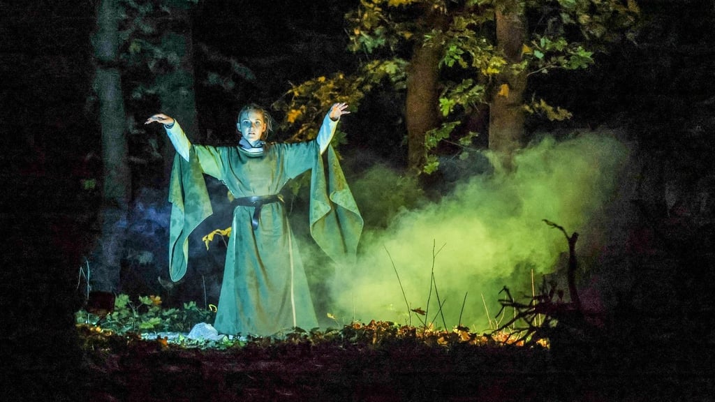 Die Melusine, gespielt von Lea-Melissa Heiland, erscheint im dunklen Park von Hohenmölsen. 