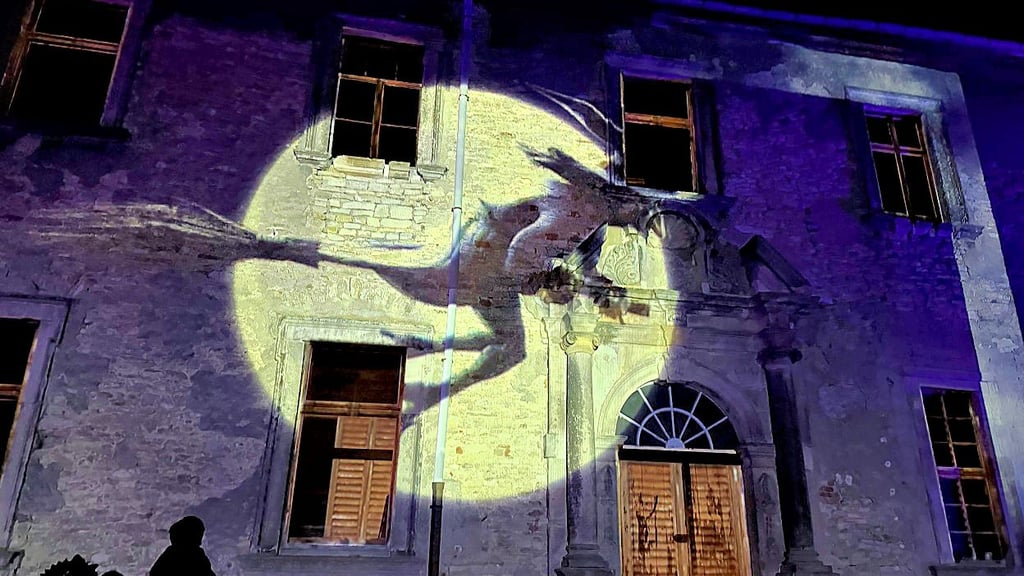 Zum Programm gehörte auch eine tolle Lichtprojektion am ehemaligen Klostergebäude. Da flogen auch Hexen vorbei.