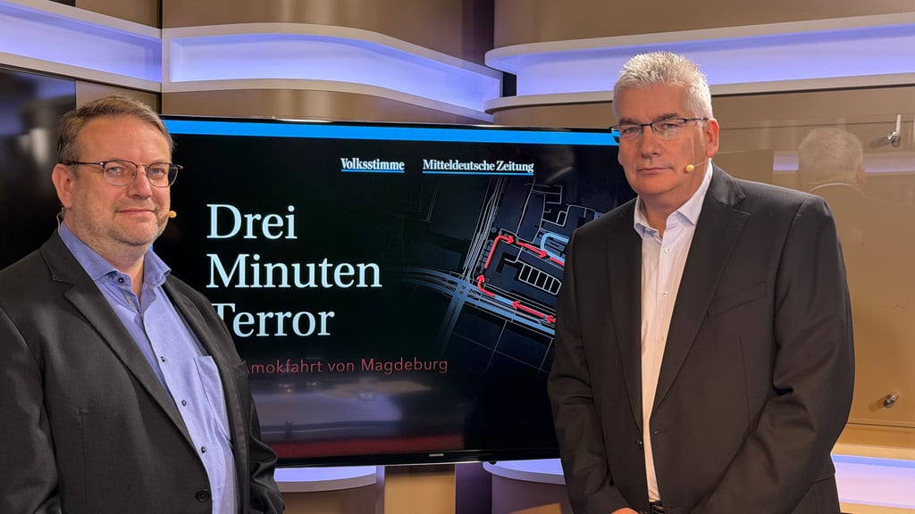 Stefan B. Westphal (l.) und Rainer Schweingel sind die Moderatoren des Podcasts „Drei Minuten Terror - Die Amokfahrt von Magdeburg“ von Volksstimme und Mitteldeutscher Zeitung. Im Mittelpunkt steht die Perspektive der Opfer des Anschlags auf den Magdeburger Weihnachtsmarkt im Dezember 2024.&nbsp;