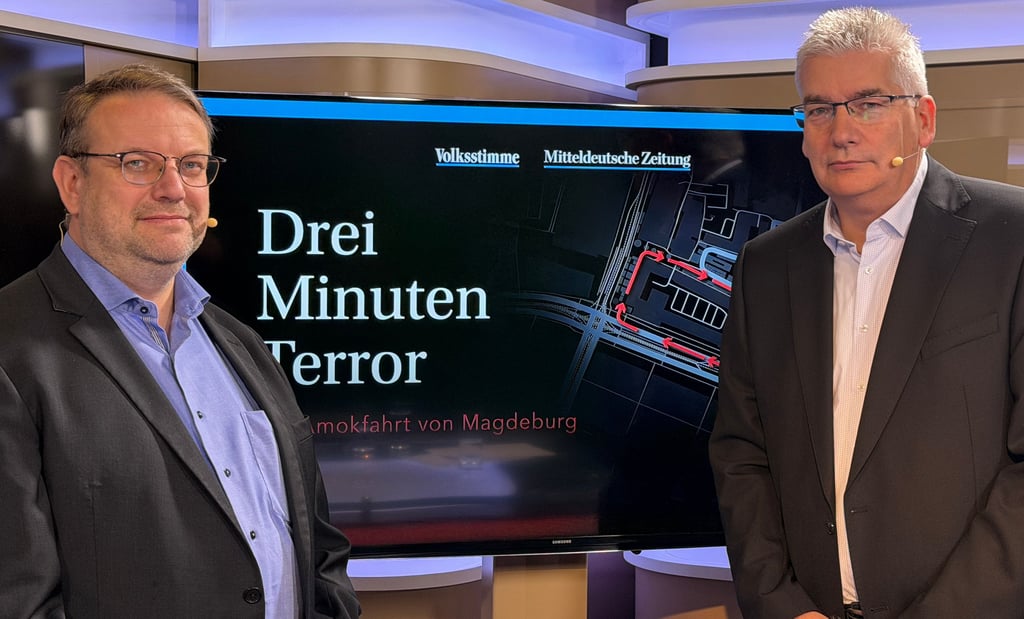 Stefan B. Westphal (l.) und Rainer Schweingel sind die Moderatoren des Podcasts „Drei Minuten Terror - Die Amokfahrt von Magdeburg“ von Volksstimme und Mitteldeutscher Zeitung. Im Mittelpunkt steht die Perspektive der Opfer des Anschlags auf den Magdeburger Weihnachtsmarkt im Dezember 2024.