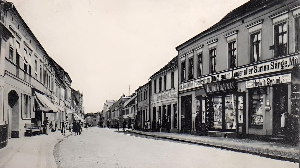 Eine Genthiner Ansichtskarte aus dem Jahr 1907 mit dem Kaufhaus Magnus auf der rechten Seite. 