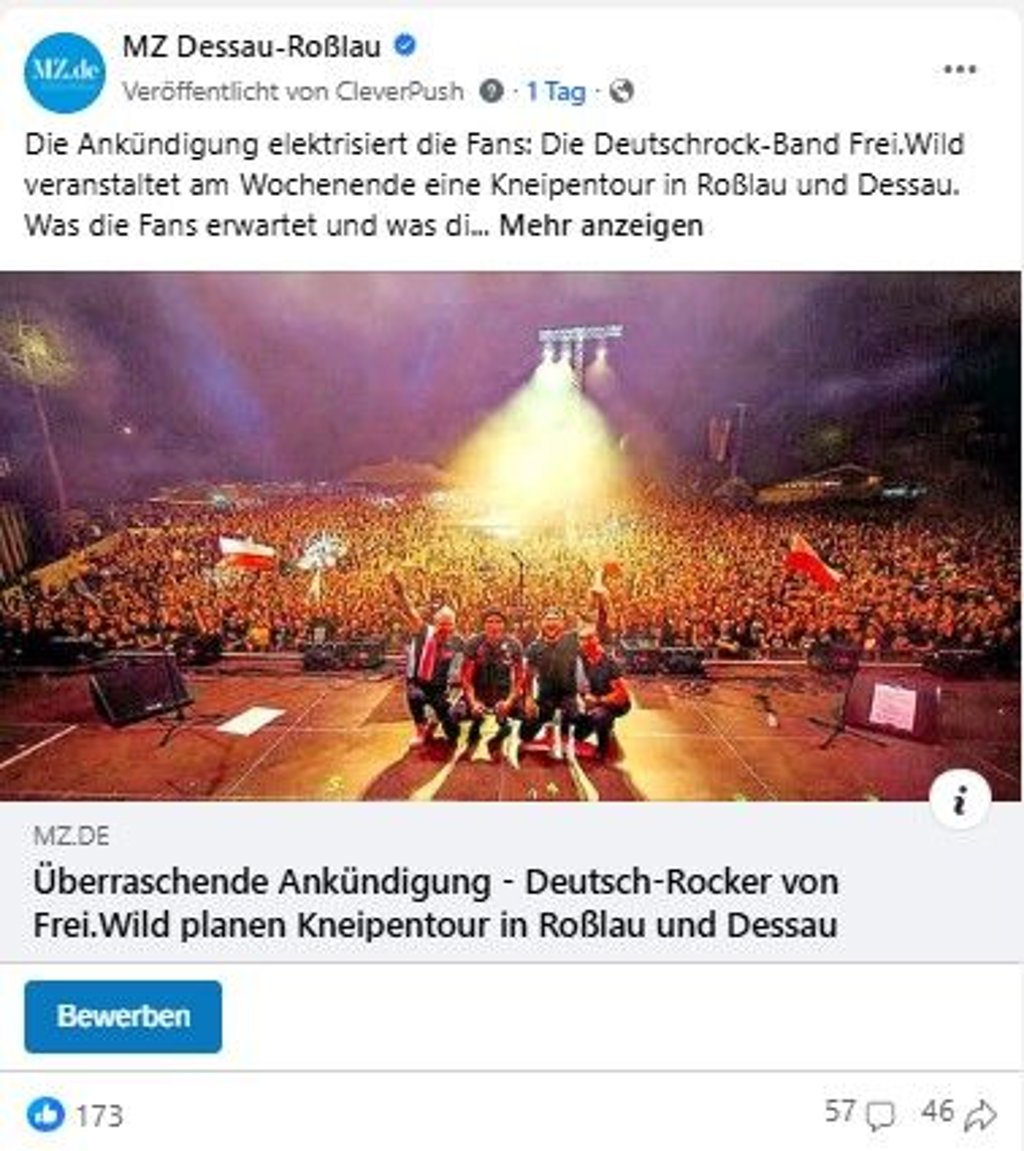 "Frei.Wild" plant eine Kneipentour in Dessau-Roßlau. Der Facebook-Post dazu erreichte über 23.000 Personen.