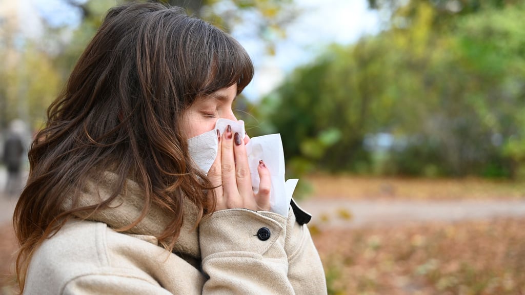 Wer niesen muss, sollte sich von anderen Personen abwenden und ein Taschentuch oder die Armbeuge vor Mund und Nase halten (Symbolbild).